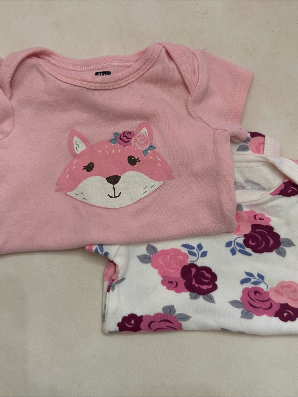 Pink Fox Graphic Baby Bodysuit and Floral Print Baby Bodysuit